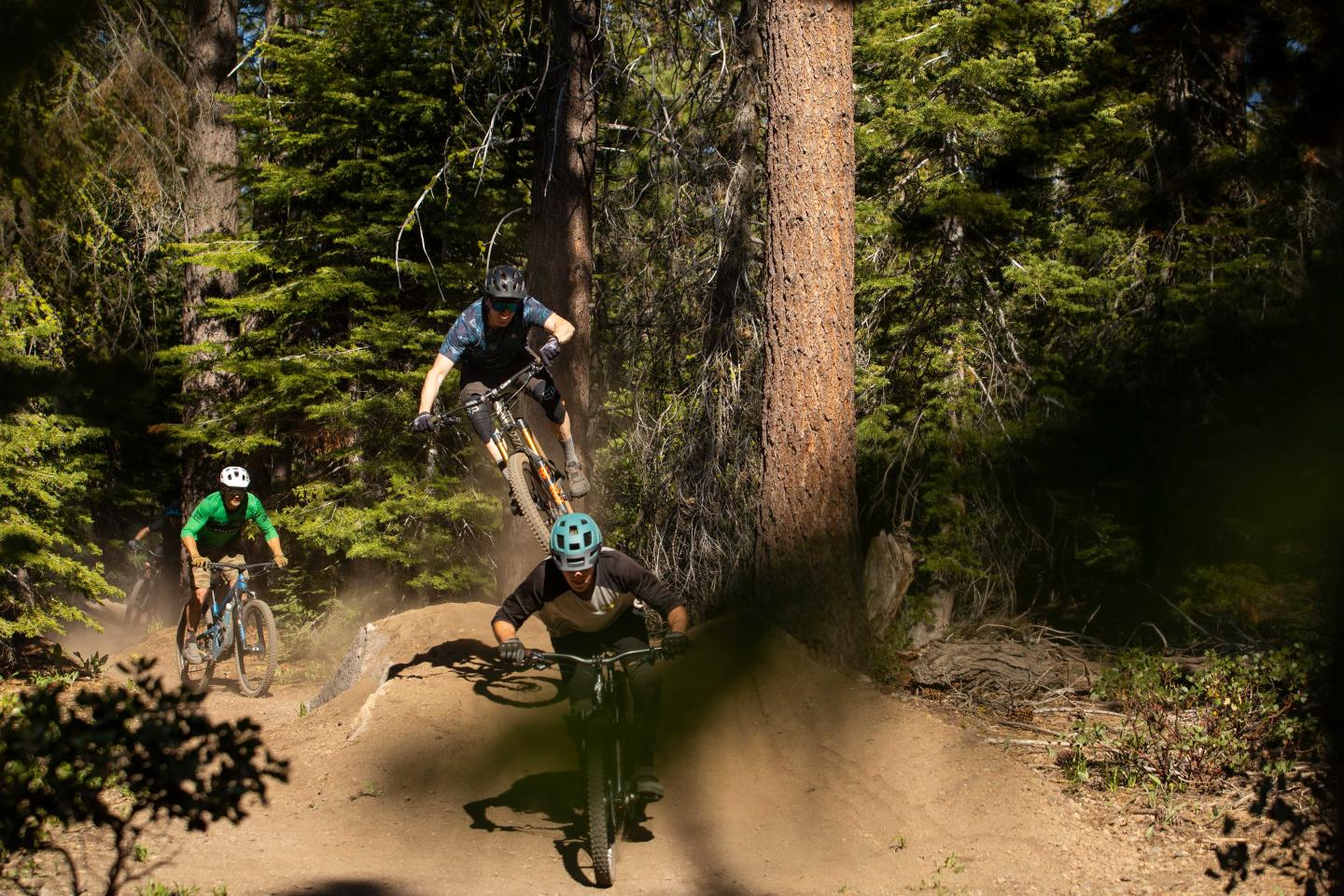 Mountain bikers racing through a forest trail, kicking up dirt.
